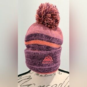 NWOT SNOZU Cozy Kids' Purple and Orange Striped Knit Beanie with Pom Pom Accent